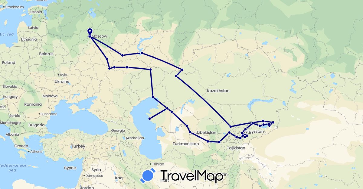 TravelMap itinerary: driving in Kyrgyzstan, Kazakhstan, Russia, Uzbekistan (Asia, Europe)